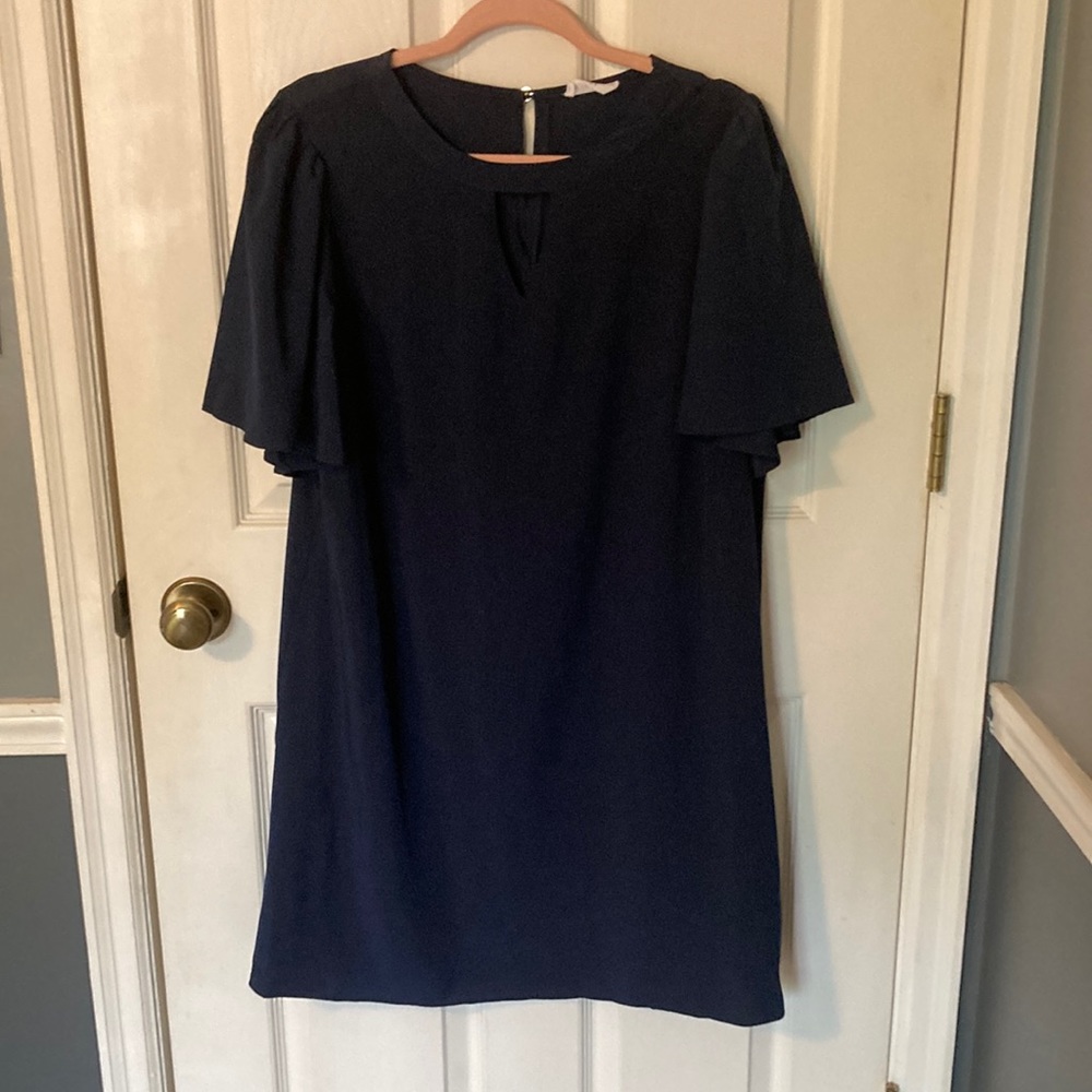 Plush Boutique Navy Blue Dress with Flutter Sleeve